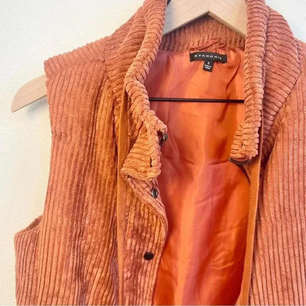 Staccato On the Go Corduroy Dark Orange Puffer Vest Zip Snap Front Size Small - Picture 3 of 13